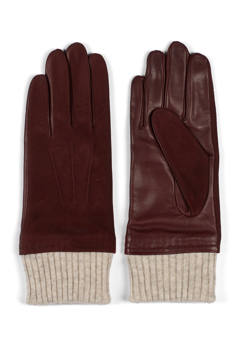 Bordeaux lærhansker med en ribbet beige ullmansjett. Har fem-fingers design med sømdetaljer og en tommelpute for bedre grep.