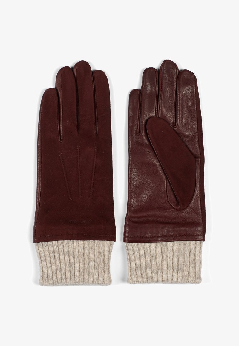 Bordeaux lærhansker med en ribbet beige ullmansjett. Har fem-fingers design med sømdetaljer og en tommelpute for bedre grep.