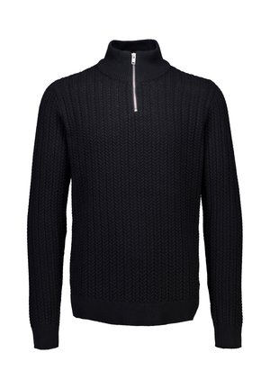 Czarny sweter z wysokim kołnierzem i pół-zamkiem. Teksturowany, wzór w warkocze. Długie rękawy, ściągacze przy mankietach i u dołu. Wykonany z ciepłego materiału dzianinowego.