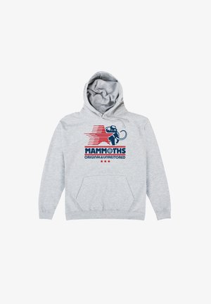 Grå hættetrøje lavet af stof, med en front kangaroo-lomme, rød grafisk design med tekst og en illustration af en mammut.