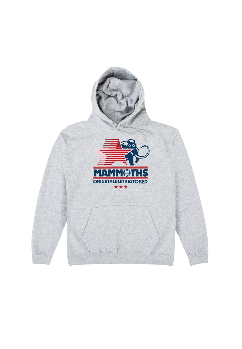 Grå hættetrøje lavet af stof, med en front kangaroo-lomme, rød grafisk design med tekst og en illustration af en mammut.