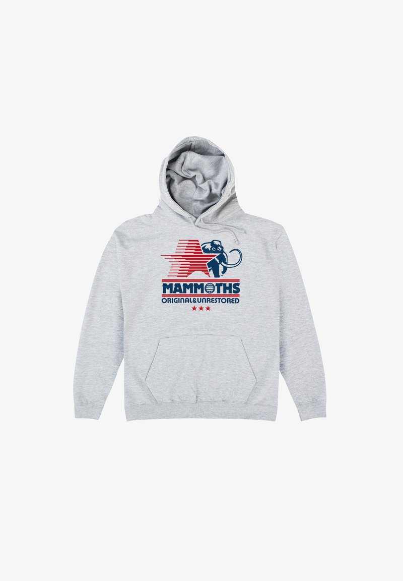 Grå hættetrøje lavet af stof, med en front kangaroo-lomme, rød grafisk design med tekst og en illustration af en mammut.