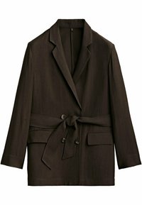 Blazer marron avec ceinture, col à revers, deux poches avant et fermeture à boutons. Confectionné dans un tissu léger avec une texture lisse.
