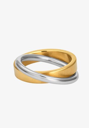Twee verstrengelde ringen, één gepolijste goud en de ander gepolijste zilver. Glad, afgerond ontwerp met een lichte draaiing.