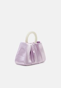 Lavender satin handbag with pleated design and a beaded pearl handle. The structured shape enhances its elegant appearance.