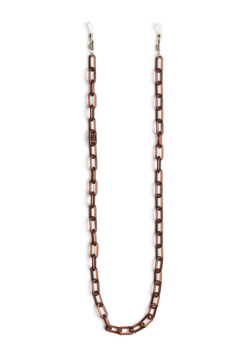 Ruskea muovinen ketju kaulaketjun pidike, jossa on suorakaiteen muotoiset lenkit ja läpinäkyvät kumipäät. Varustettu kultasävyisillä kiinnitystarvikkeilla.