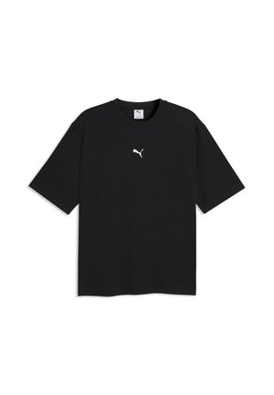 Schwarzes T-Shirt mit kurzen Ärmeln und kleinem weißem Puma-Logo mittig auf der Brust sowie rundem Halsausschnitt.
