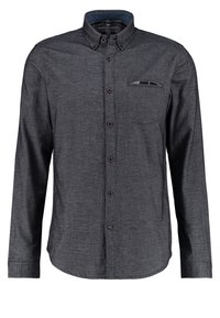 Mørkegrå langærmet skjorte med knapper fremstillet af tekstureret stof. Den har en knappet krave og en brystlomme med et rutet accent.