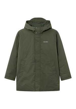 Olive green padded coat with a hood, featuring a front zip closure, two side pockets, and subtle branding on the chest. Smooth texture.