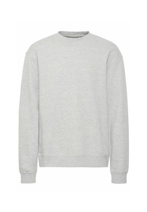 Svijetlosiva dukserica s okruglim izrezom, dugim rukavima, rebrastim manžetama i donjim rubom, izrađena od meke teksturirane tkanine. Jednostavan dizajn, bez uzoraka.