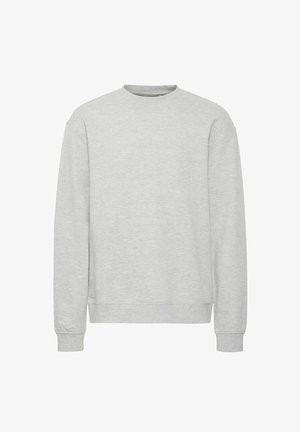 Svijetlosiva dukserica s okruglim izrezom, dugim rukavima, rebrastim manžetama i donjim rubom, izrađena od meke teksturirane tkanine. Jednostavan dizajn, bez uzoraka.