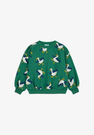 Green sweatshirt featuring a repeating pattern of cartoon ducks and blue text. Long sleeves with elastic cuffs. Soft cotton fabric.