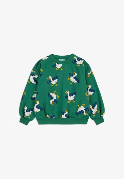 Felpa verde con un motivo ripetuto di paperi cartoon e testo blu. Maniche lunghe con polsini elasticizzati. Tessuto di cotone morbido.