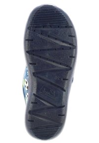 Blauwe rubberen schoenzool met een gestructureerd patroon, voorzien van kleine gripgroeven en een gegraveerd logo. Effen zwarte kleur met subtiele accenten.