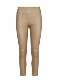 Crème, glanzende leggings van rekbaar materiaal, met een hoge taille en een gladde textuur. Geen zichtbare naden of versieringen.