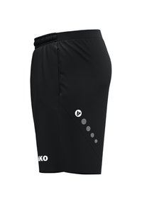 Schwarze Sportshorts aus glattem Material, mit strukturiertem Seitenpanel, elastischem Bund und weißen Logoakzenten.