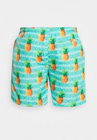 Shorts de bain en turquoise clair avec un motif de pinneapples répété. Taille élastique, accents géométriques amusants et texture lisse.