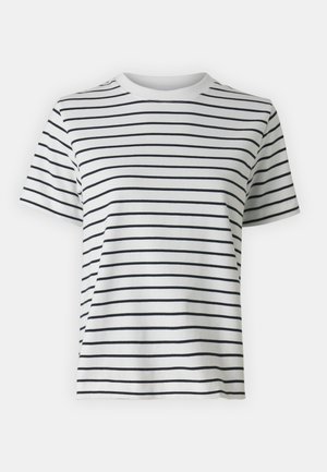 White cotton t-shirt with horizontal black stripes, short sleeves, and a crew neck design. Smooth texture with a casual fit.