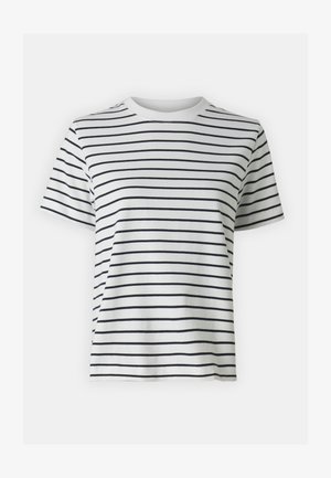 Bílý bavlněný tričko s vodorovnými černými pruhy, krátké rukávy a kulatý výstřih. Hladký materiál s volným střihem.