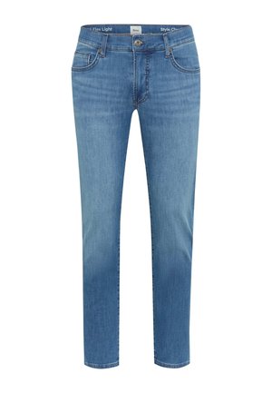 Hellblaue Slim-Fit-Jeans mit vorderer Knopfleiste, fünf Taschen und dezenter Verblassung an Oberschenkeln und Knien.