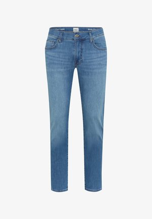 Hellblaue Slim-Fit-Jeans mit vorderer Knopfleiste, fünf Taschen und dezenter Verblassung an Oberschenkeln und Knien.