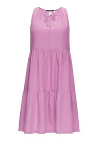 Ärmelloses pinkes Kleid mit gerafftem Taillenbund, ausgestelltem Saum und Bindegürtel am Ausschnitt. Hergestellt aus weichem Stoff mit leichter Textur.