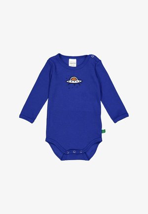 Une grenouillère en coton bleu à manches longues, ornée d'un motif de soucoupe volante brodé avec un anneau orange, et fermeture à pression à l'épaule et au bas.