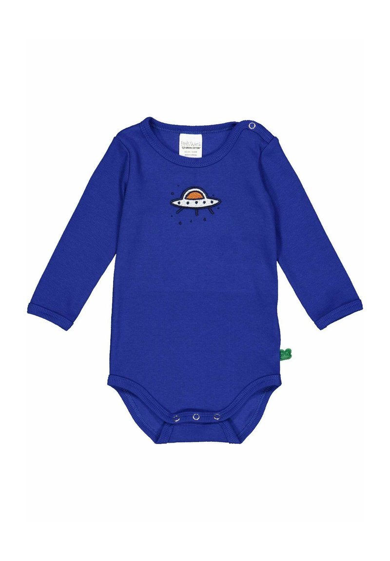 Modrý jednobarevný overálek s dlouhým rukávem vyrobený z bavlny, s vyšitým designem UFO seoranžovým prstencem, na rameni a na spodní části se zapínáním na patentky.