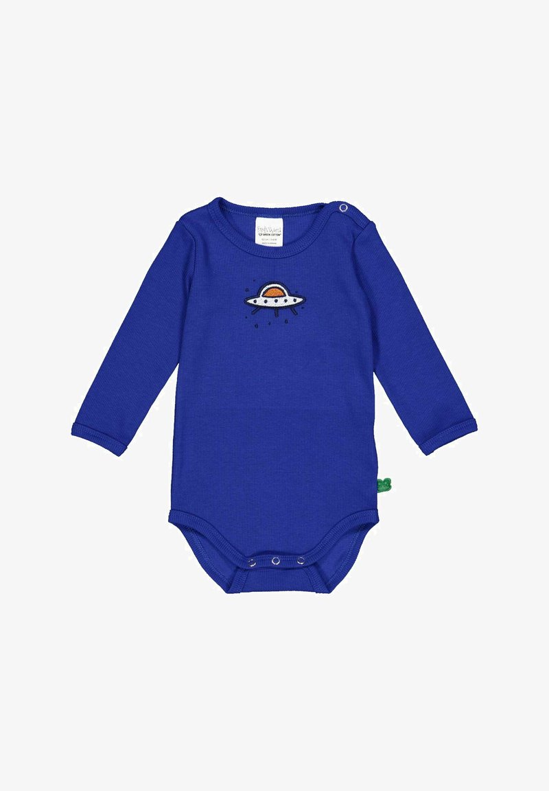 Modrý jednobarevný overálek s dlouhým rukávem vyrobený z bavlny, s vyšitým designem UFO seoranžovým prstencem, na rameni a na spodní části se zapínáním na patentky.