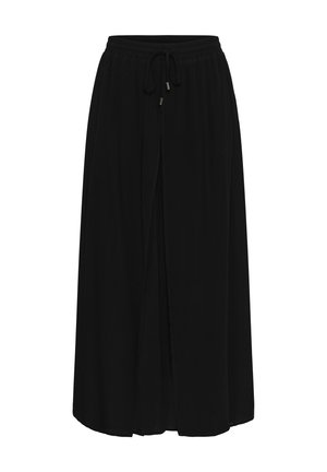 Fustă neagră până la glezne, cu talie elastică și șnur de strângere, având o despicătură în față și material fluid.