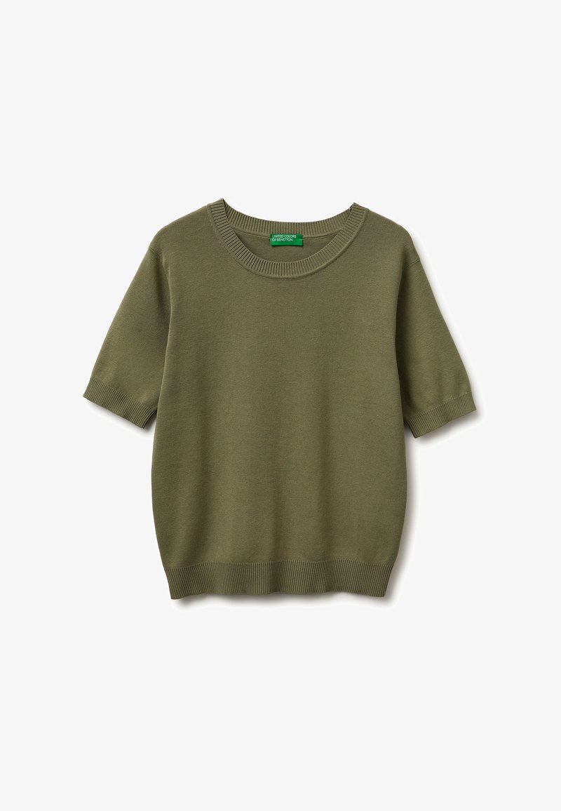 Suéter corto de punto de color verde oliva con cuello redondo, puños y dobladillo acanalados, extendido sobre un fondo blanco.