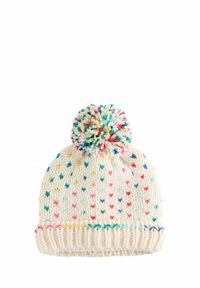 White knitted beanie with a colorful pom-pom on top. Features a pattern of small, multicolored V-shaped stitches and a ribbed brim.