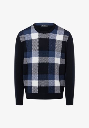 Marineblå sweater med et ternet mønster i mørkeblå, lyseblå og hvid. Rund hals og lange ærmer med en tekstureret finish.