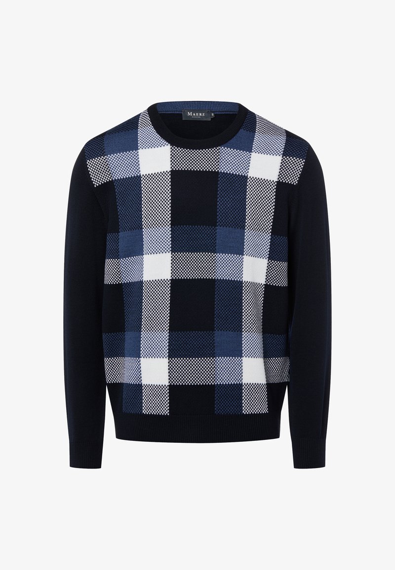 Navyblauer Pullover mit einem karierten Muster in Dunkelblau, Hellblau und Weiß. Rundhalsausschnitt und lange Ärmel mit strukturierter Oberfläche.