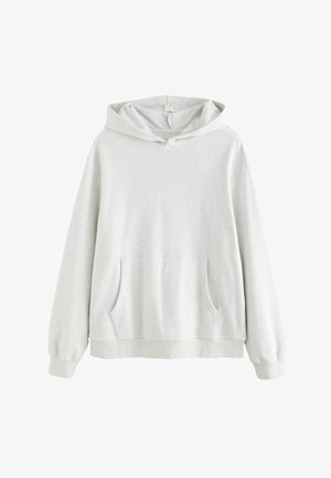 Hellgrauer Kapuzenpullover aus weichem Fleece-Stoff, mit Kängurutasche, gerippten Bündchen und einem lockeren Schnitt.