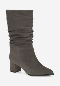 Gray suede ankle boots with a slouchy shaft, pointed toe, and a chunky heel. Soft texture and subtle stitching detail.