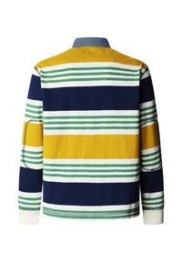 Koszulka polo z długim rękawem, ozdobiona wielokolorowymi, poziomymi paskami w kolorach żółtym, zielonym, granatowym i białym, z kołnierzem z denimu i ściągaczami na mankietach.