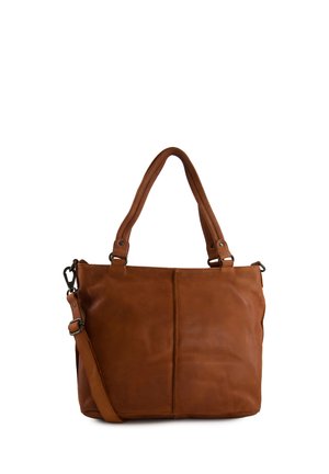 Braune Ledertasche mit zwei Griffen und abnehmbarem Schulterriemen, mit einfachem, glattem Design und vertikaler Naht.