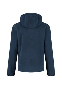 Marineblauwe hooded jacket met lange mouwen, geribbelde textuur en zwarte manchetten, gezien van de achterkant op een witte achtergrond.