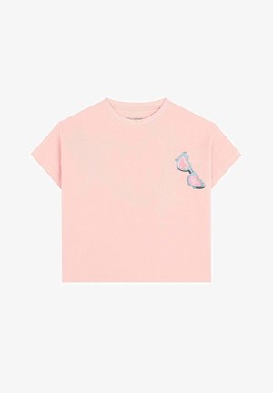 Roze T-shirt met korte mouwen van katoen, voorzien van een zak met een graphic ontwerp van hartvormige zonnebrillen in blauw en roze.