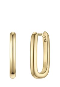 Złote kolczyki w kształcie kółek z gładkim, zaokrąglonym wzorem o wypolerowanym wykończeniu. Posiadają zapięcie na zawias dla zapewnienia bezpieczeństwa noszenia.