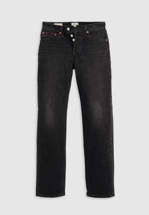Black denim jeans with a straight-leg cut, featuring five pockets, copper rivets, and a button fly. Soft texture with subtle fading details.