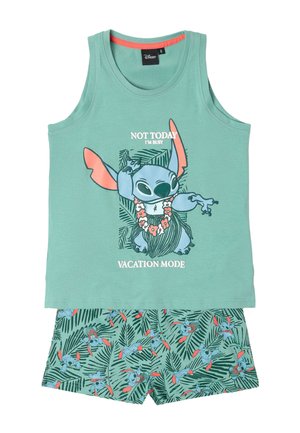Top verde sin mangas y pantalones cortos con el personaje Stitch vestido de vacaciones y texto "Hoy no, estoy ocupado en modo vacaciones."