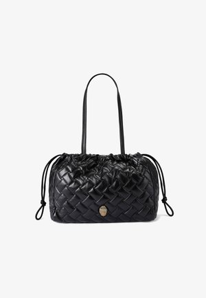 Schwarze, geflochtene Lederhandtasche in Form eines Beutels, mit dekorativen Kordeln und einem goldenen Hardware-Element an der Vorderseite.