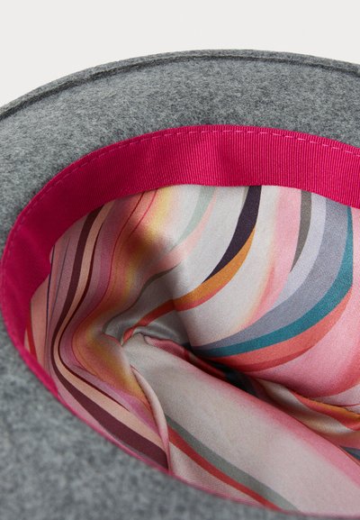 Gray felt hat with a pink ribbon interior, featuring a colorful, swirled satin lining in pastel tones and varying thickness stripes.