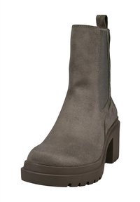 Szary zamszowy botek za kostkę na masywnym obcasie typu klocek, z elastycznymi panelami po bokach i gładką fakturą cholewki. Posiada grubą, protektorową podeszwę dla lepszej przyczepności.