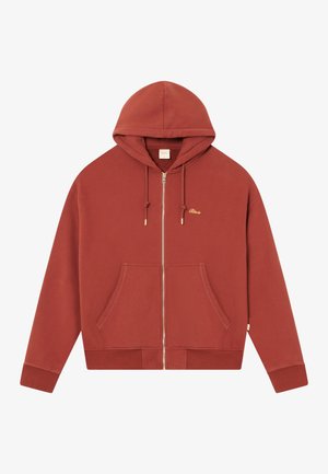 Raua värvi tõmblukuga kapuutsiga fliis, millel on esipockets, nööriga kapuuts, ribakätised ja väike kuldne tikand logo vasakul rinnal.