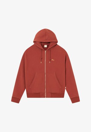 Rustfarvet zip-up hættetrøje med frontlommer, snore-trækkende hætte, ribbede manchetter og lille guld broderet logo på venstre bryst.