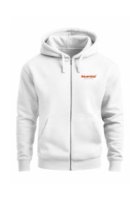Weiße Zip-Jacke aus Baumwollmischung mit einer Kängurutasche, Kapuze mit Kordelzug und dem "Neverless Beach Club"-Logo in Orange und Blau.
