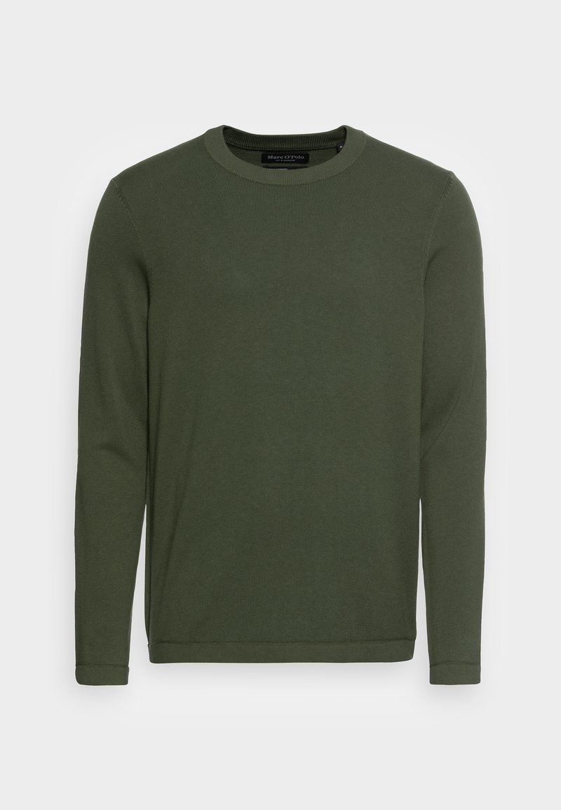 Pull pour homme à manches longues, col rond, vert olive, avec une texture en maille fine et un ourlet droit.